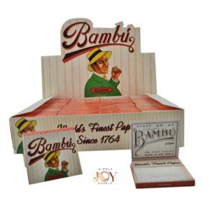 Bambu rolling papers display box with single pack, classic natural rolling papers since 1764, wholesale supply by Simply Joy Supply.