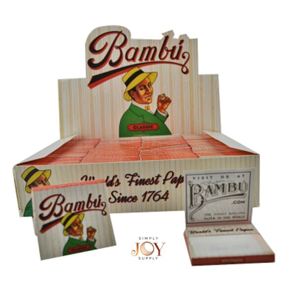 Bambu rolling papers display box with single pack, classic natural rolling papers since 1764, wholesale supply by Simply Joy Supply.