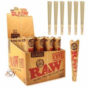 RAW Classic Cones pre-rolled rolling papers, display box with cones and single piece, authentic unrefined natural paper, wholesale supply by Simply Joy Supply.