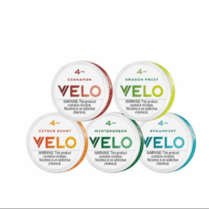 Velo nicotine pouches 4mg – all flavors: Crispy Peppermint, Orange Spark, Purple Grape, Ruby Berry